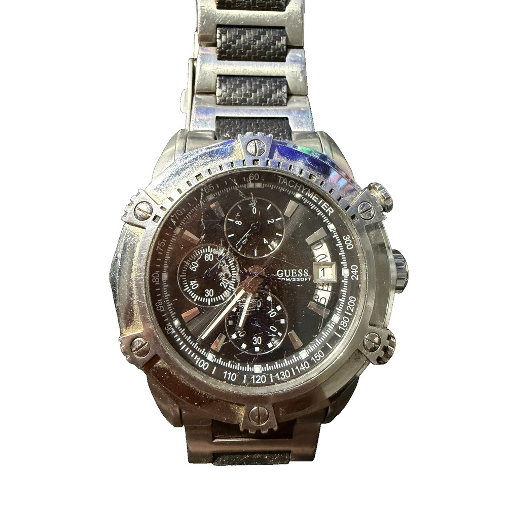 GUESS Men's Chronograph Watch Stainless Steel Black Dial Tachymeter 100M WR